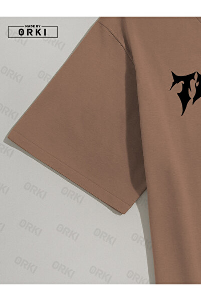 EFFRENATU Trust Issue Printed Oversize Light Brown T-Shirt & Black Pants Tracksuit Set