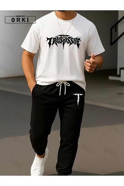 EFFRENATU Trust Issue Printed Oversize White T-Shirt & Black Pants Tracksuit Set