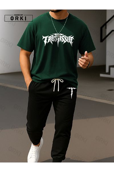EFFRENATU Trust Issue Printed Oversize Forest Green T-Shirt & Black Pants Tracksuit Set