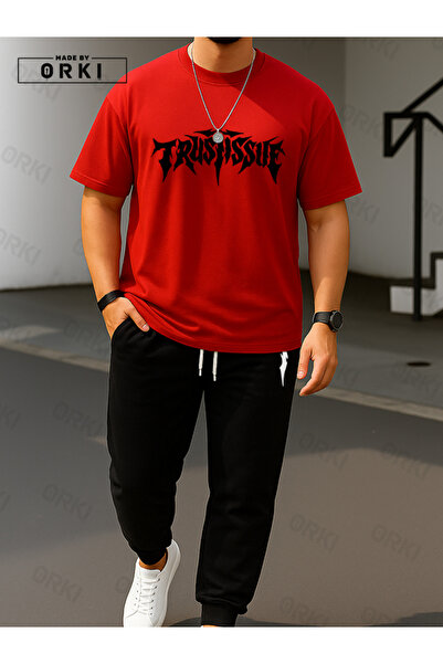 EFFRENATU Trust Issue Printed Oversize Red T-Shirt & Black Pants Tracksuit Set