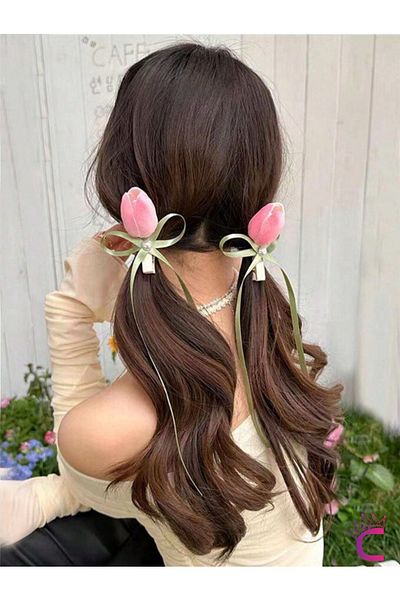 Cinderella Set of 2 Pearl Ivy Pink Tulip Flower Hair Clips - Elegant Gift Clip Hair Ornament Hairpin