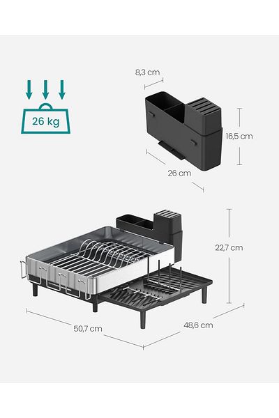 SONGMICS Stainless Steel Dish Rack with Extendable Drain, Cutlery and Glass Compartments, 51x49x23