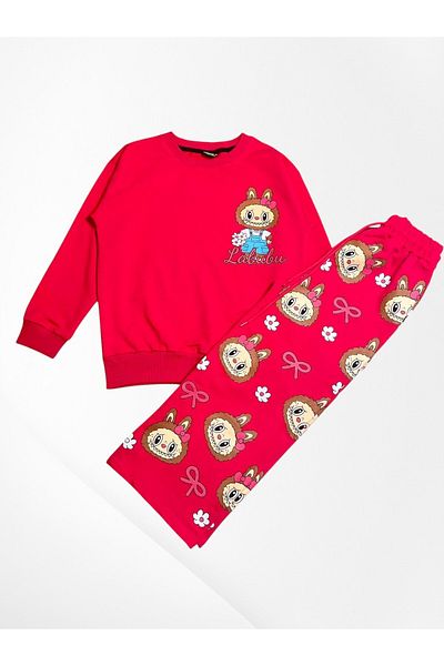 Pajama Shop Girl's Cotton Fabric Fuchsia Color 2 Thread Labubu Patterned Winter Tracksuit Set