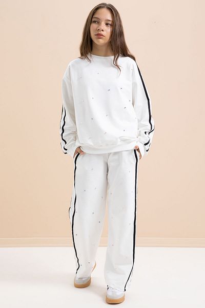 Cansın Mini White Pearl Embroidered Crew Neck Girls Striped Tracksuit Set 21293