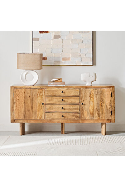 Home Box خزانة جانبية من الخشب الصلب بأربعة أدراج وبابين من كلايتون