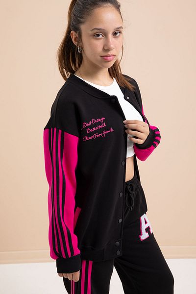 Cansın Mini Black Written College Jacket Girl's Striped 3 Thread Hooded Tracksuit Set 21296