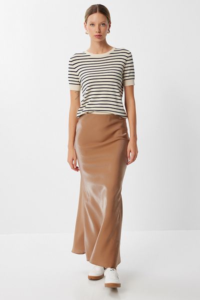 Lovelyİstanbul Sparkling Satin Surface Long Skirt Lfh0012 Taba