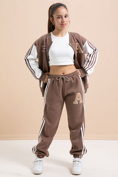 Cansın Mini Coffee Written College Jacket Girl's Striped 3 Thread Hooded Tracksuit Set 21295
