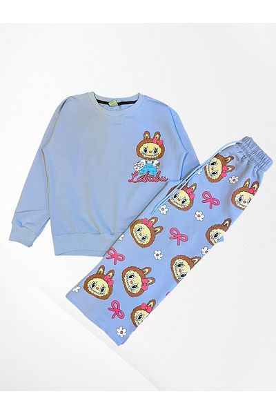 Pajama Shop Girl's Cotton Fabric Light Blue Color 2 Thread Labubu Patterned Winter Tracksuit Set