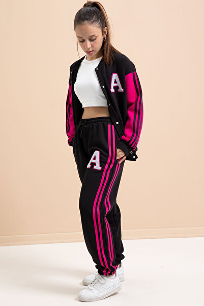 Cansın Mini Μαύρο γραπτό κολεγιακό μπουφάν για κορίτσια με ρίγες 3 κλωστών ανοιχτόχρωμο σετ αθλητικής φόρμας 21296