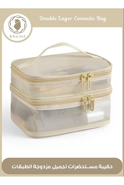 KHAJUL حقيبة مكياج سفر مزدوجة الطبقات، منظم أدوات الزينة الشبكي الكبير مع مقب...