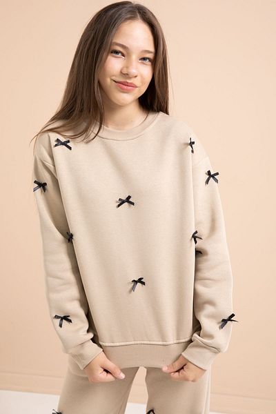 Cansın Mini Beige Bow Embroidered Crew Neck Girl's Hooded Tracksuit Set 21287