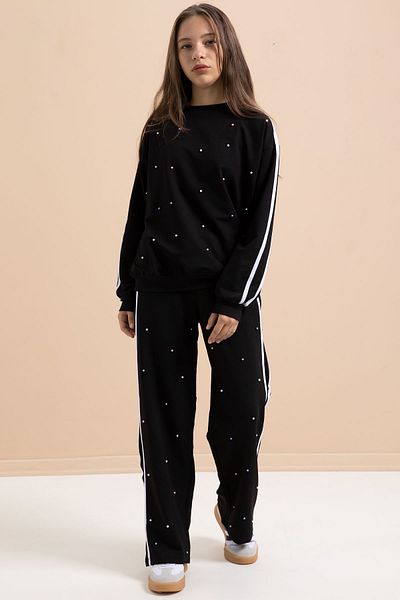 Cansın Mini Black Pearl Embroidered Crew Neck Girls' Striped Tracksuit Set 21291