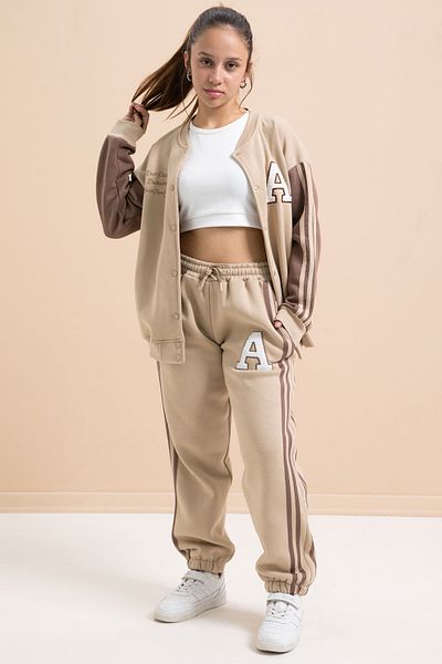 Cansın Mini Beige Written College Jacket Girl's Striped 3 Thread Hooded Tracksuit Set 21298