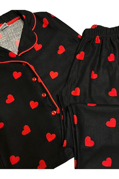 Pajama Shop Girl's Cotton Fabric Suede Black Color Red Heart and Piping Shirt Collar Buttoned Pajama Set