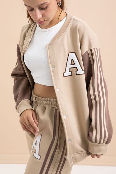 Cansın Mini Beige Written College Jacket Girl's Striped 3 Thread Hooded Tracksuit Set 21298