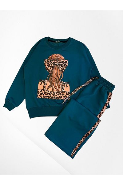 Pajama Shop Girls' Cotton Fabric Petrol Green Color 2 Thread Leopard Buckle Pattern Winter Tracksuit Set