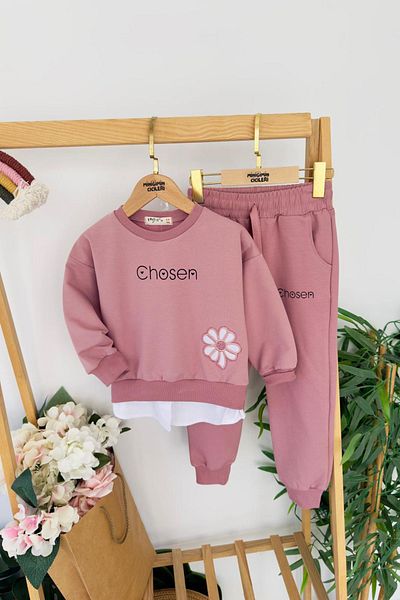 Minigimin Cicileri My Little Girl's Chosen Flower Embroidered Shirt Detailed Girl's 2-Piece Set - Dusty Rose