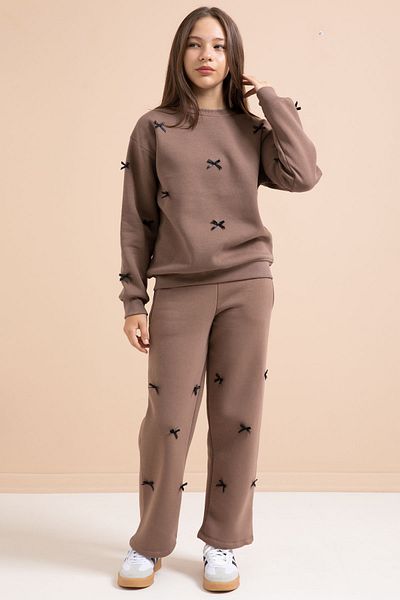 Cansın Mini Brown Bow Embroidered Crew Neck Girl's Hooded Tracksuit Set 21290