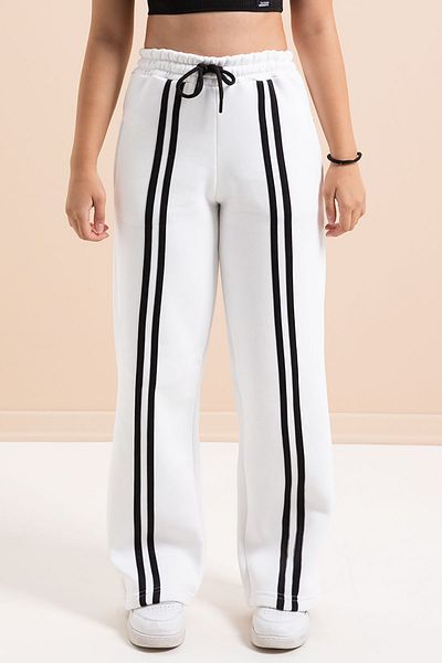 Cansın Mini White Wide Leg Raised Girl's Basic Sweatpants with Stripes on the Front 21277