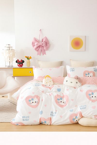 İQON Fitted Sheet Duvet Cover Set Single Hello Kitty White