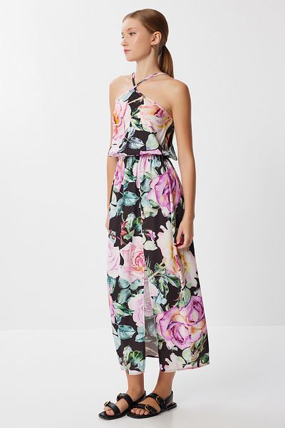 Lovelyİstanbul Patterned Slit Summer Viscose Dress Lff0045 Black Lila