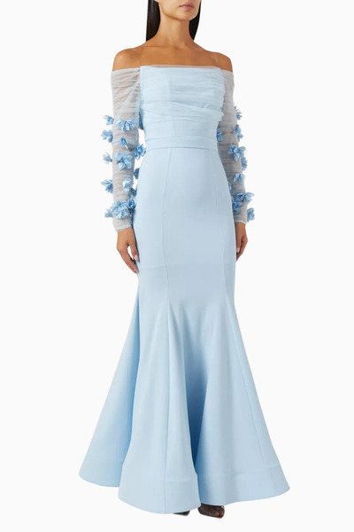 AC BY AANCHAL CHANDA Off-Shoulder Çiçek Aplikeli Abiye