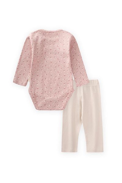 Cigit Patterned Long Sleeve Bodysuit Set 0-3 Years Powder Pink