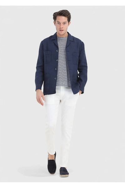 Ramsey Navy Blue Plain Slim Fit Cotton Blend Jacket