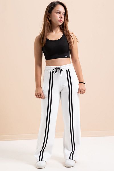 Cansın Mini White Wide Leg Raised Girl's Basic Sweatpants with Stripes on the Front 21277
