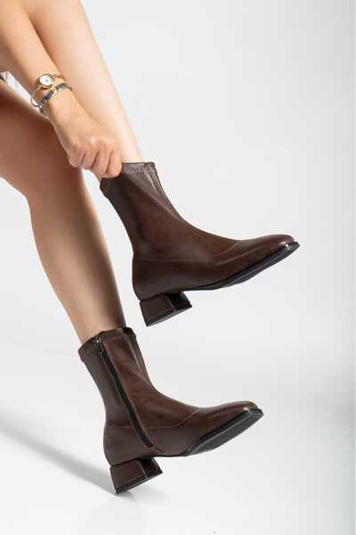 EYLÜLDEN MODA SHOES Frosty ниски ток ТПУ подметка, тъмно кафяв, с къс връх и страничен цип, еластични ботуши