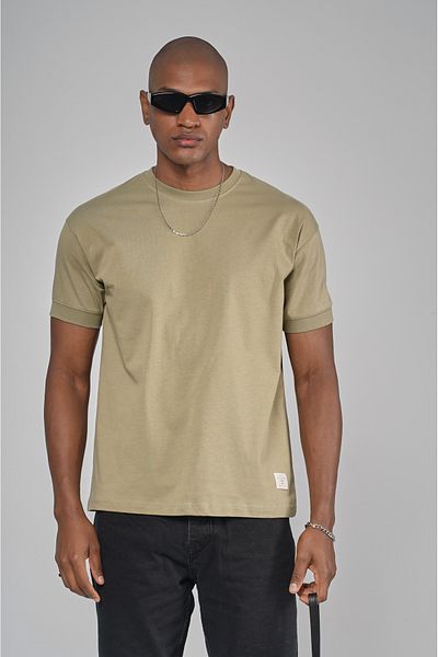 Butik Trend We Half Oversize Fit T-Shirt with Double Face Fabric Collar and Sleeves Ribbed Label Detail