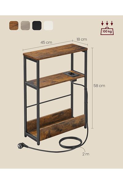 VASAGLE Narrow Table with Socket and USB Charging Ports, 3 Shelves, 45x18x58 cm, Rustic Brown