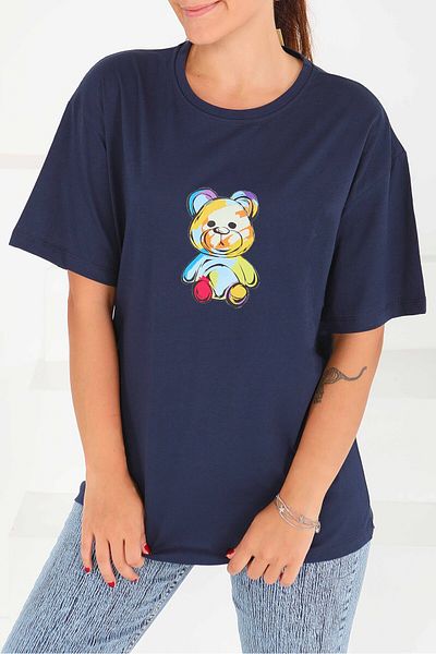 TOFİSA Printed Short Sleeve T-Shirt Navy Blue - 27545