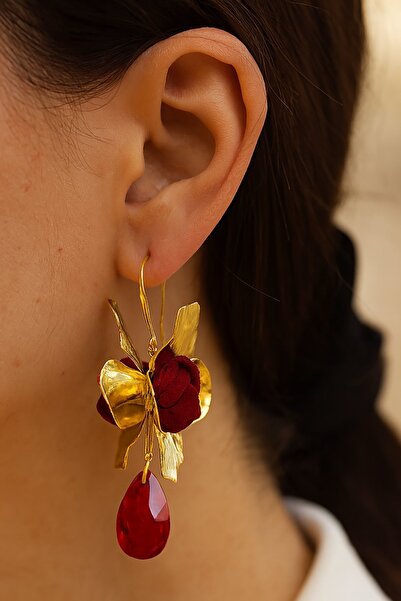TAKIŞTIR Gold Color Flower Figured Stone Detailed Hoop Earrings (Pair)