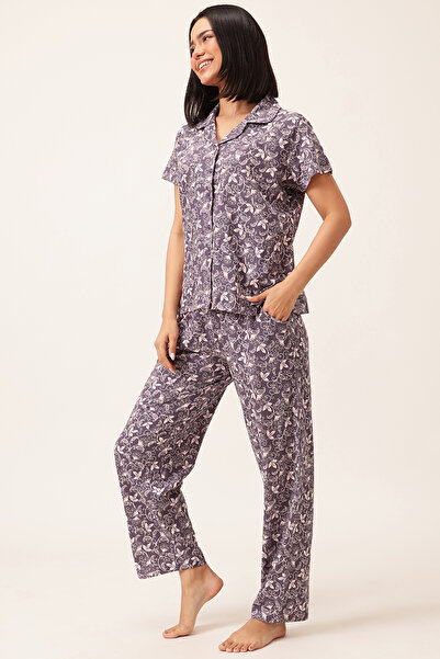 Clovia Printed Button-down Shirt & Pyjama Set in Light Purple - 100% Cotton