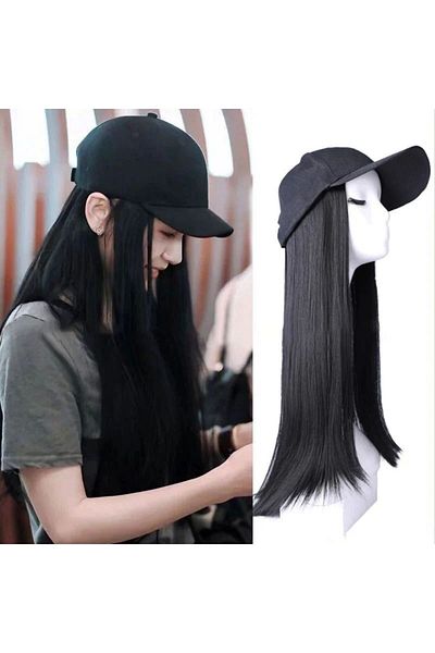 Generic Cross-border summer hat wig for women black long straight hair new simulation long hair.
