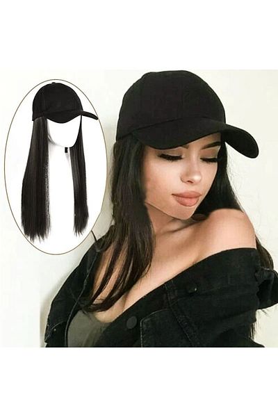 Generic Cross-border summer hat wig for women black long straight hair new simulation long hair.