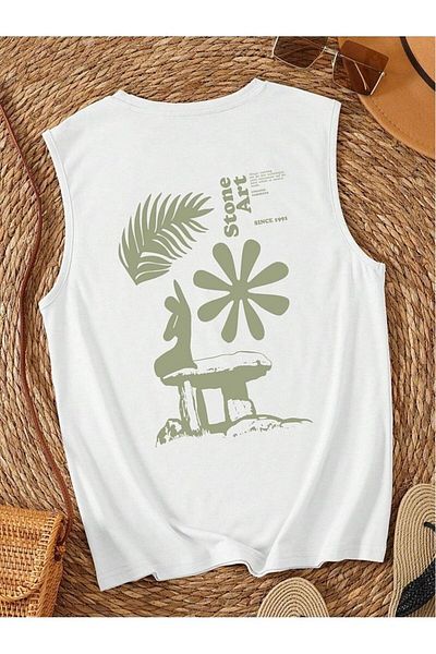 MARKATEM Stone Art Printed Relaxed Cut Cotton Men's Oversize Sleeveless T-Shirt