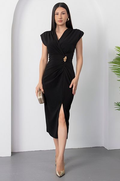 PULLIMM Double Breasted Collar Buckle Slit Dress Ny9763
