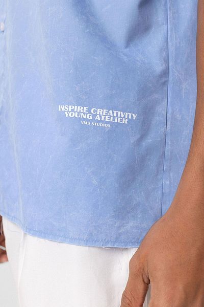 VAMOSCLO Washable Letter Printed Oversize Short Sleeve Shirt Blue