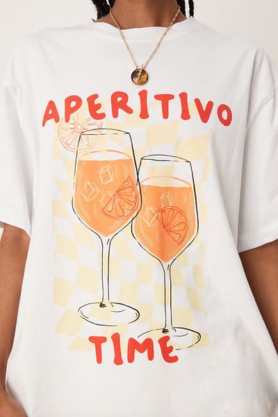 The Champ Clothing Women's White Oversize Aperitivo Time Printed Summer Casual T-Shirt
