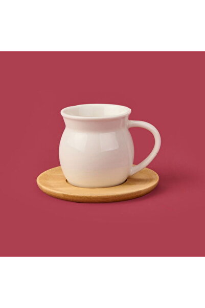 MİEN Bambu Tabaklı Geniş Fincan Seti - Açık Kahverengi / Beyaz - 100 ml