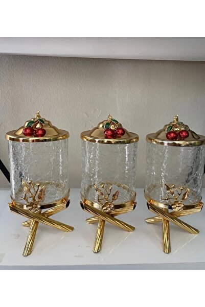 AZADE BAKIR GOLD PİRİNÇ KİRAZLI ÇATLAK CAM KAVANOZ 3’LÜ SET