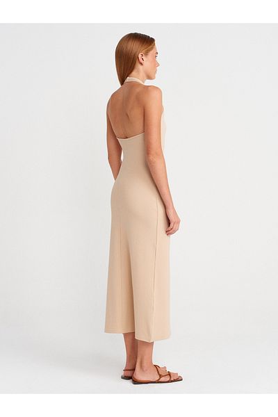 Dilvin 91510 Halter Neck Midi Dress-Light Beige