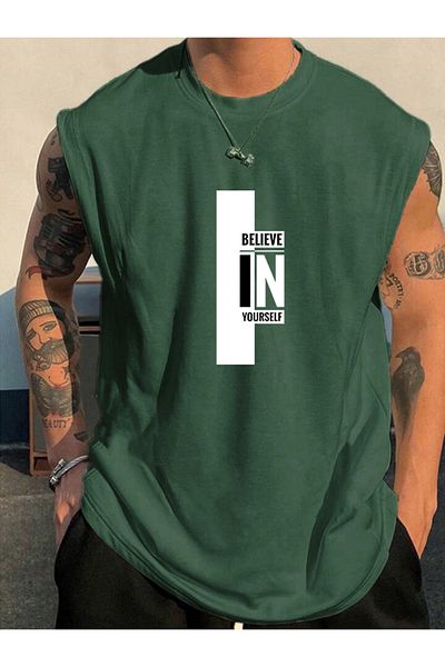 FAVORİST Believe Printed Sleeveless Tank Top Tshirt Men's Zero Sleeve Clothing Fitness Clothing Oversize