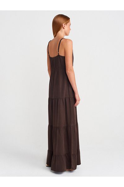 Dilvin 90573 Drawstring Long Denim Dress-Brown