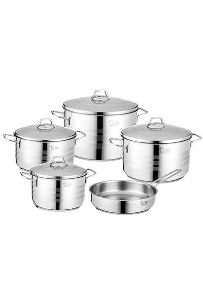 Dania Turkish 18/10 stainless steel cookware set with steel lid, consisting of 9 pieces, 20-22-24-26-24