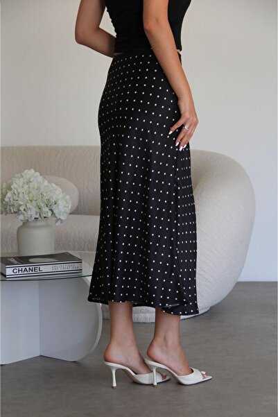 Pulli Collection Bordo Puantiyeli Beli Lastikli Verev Kesim Midi Boy Premium Saten Etek