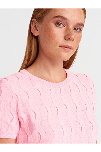 Dilvin 10788 Crew Neck Textured Knitwear Blouse-Pink